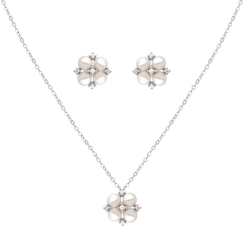 Cadena y pendientes de plata engastados con perlas y circonías - Gold Store Premium