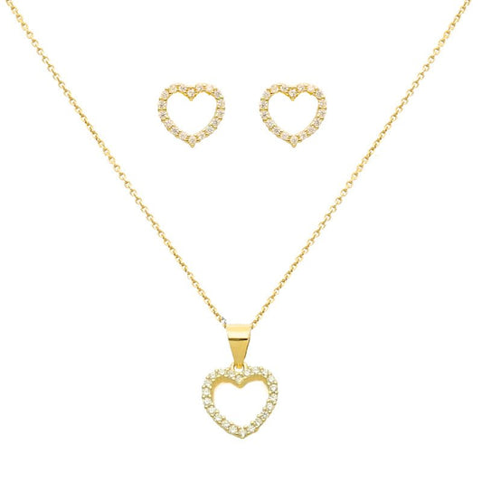 Conjunto Fio e Brincos em Prata Dourada com Coração e Zircónias - Loja do Ouro
