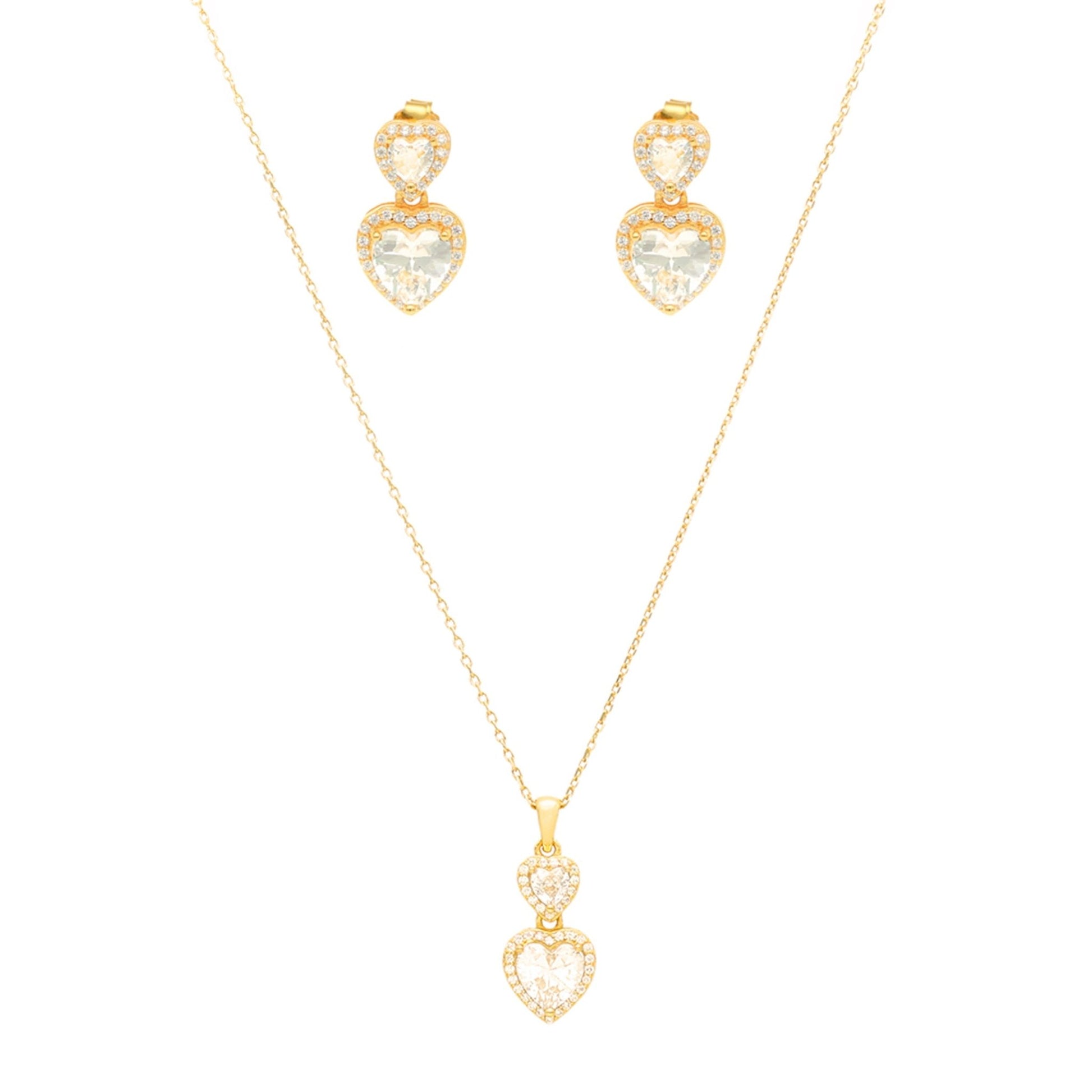 Conjunto Fio e Brincos em Prata Dourada com dois Zircões Coração - Loja do Ouro