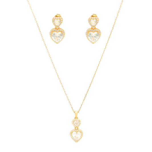 Conjunto Fio e Brincos em Prata Dourada com dois Zircões Coração - Loja do Ouro