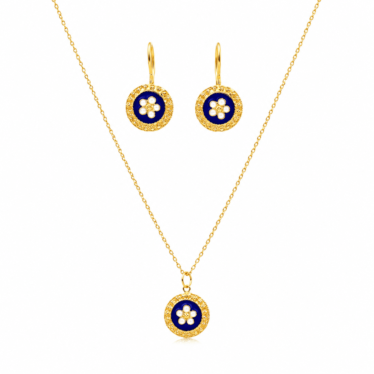 Conjunto Fio e Brincos em Prata Dourada com Medalha Caramujos Redonda Azul - Loja do Ouro