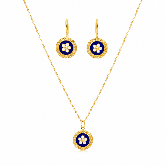 Conjunto Fio e Brincos em Prata Dourada com Medalha Caramujos Redonda Azul - Loja do Ouro