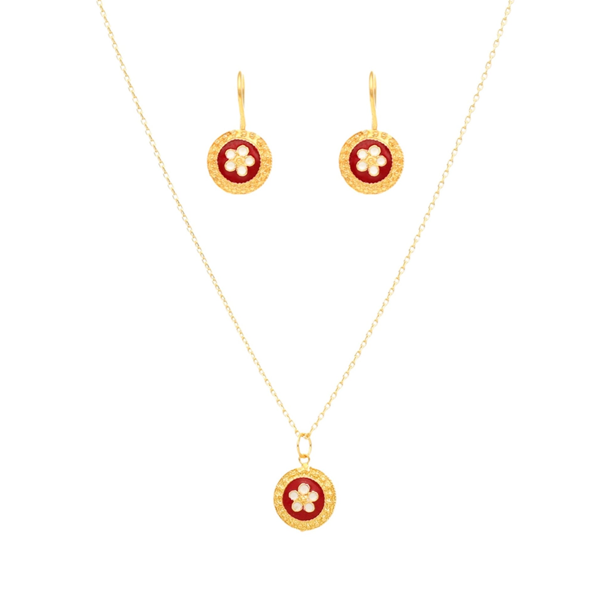 Conjunto Fio e Brincos em Prata Dourada com Medalha Caramujos Redonda Vermelha - Loja do Ouro