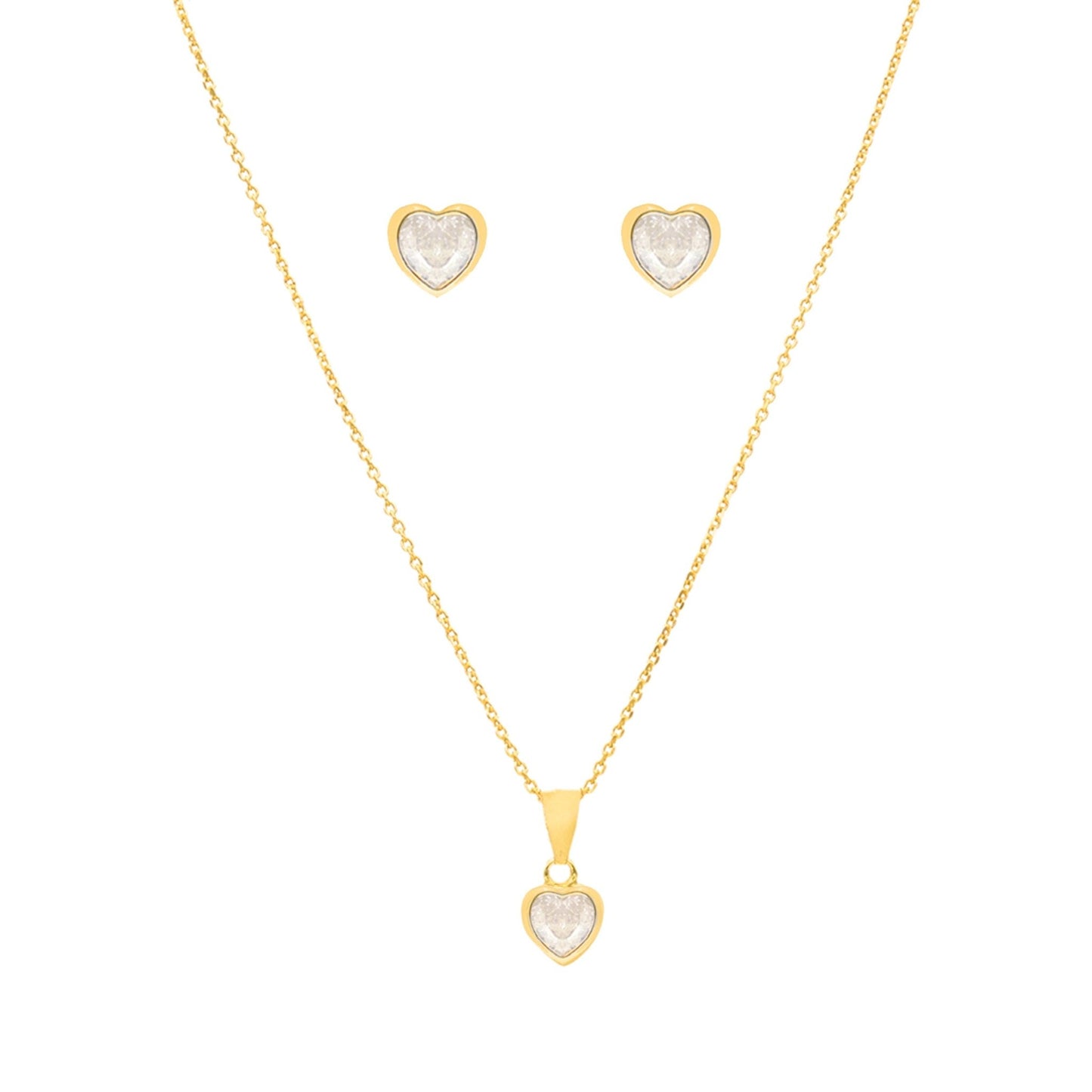 Conjunto Fio e Brincos em Prata Dourada com Zircão Coração - Loja do Ouro