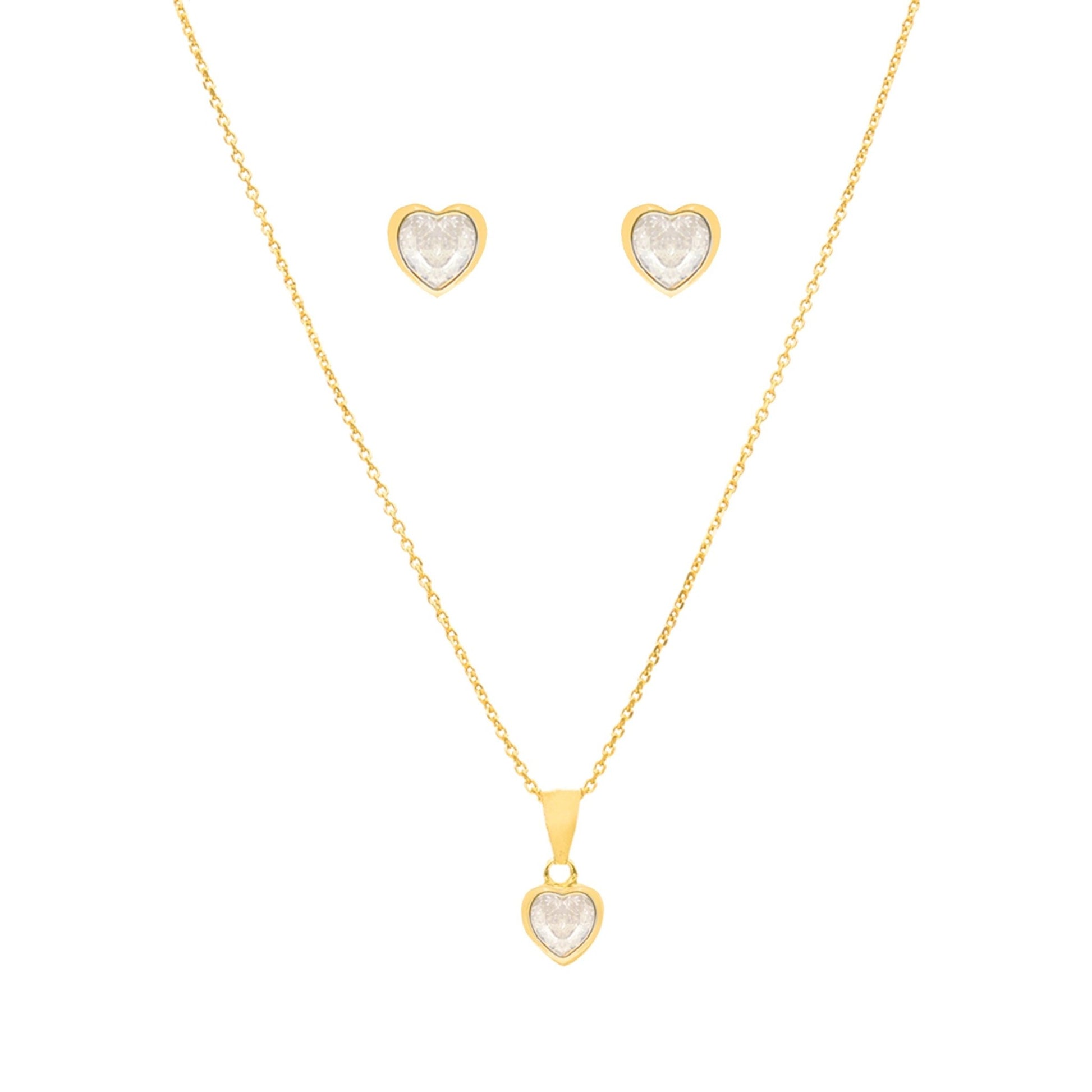 Conjunto Fio e Brincos em Prata Dourada com Zircão Coração - Loja do Ouro