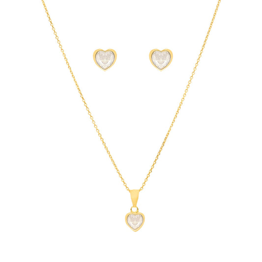 Conjunto Fio e Brincos em Prata Dourada com Zircão Coração - Loja do Ouro