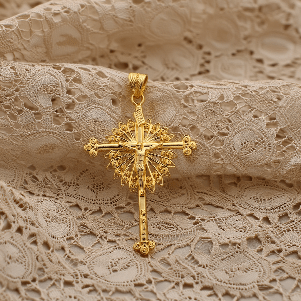 Crucifijo Rose Dawn en plata chapada en oro (5 cm) - Gold Store Premium