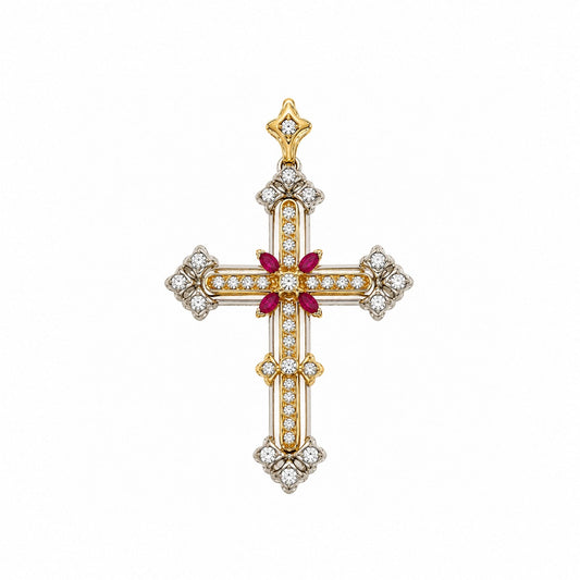 Cruz em Ouro Branco e Ouro Amarelo de 19kl com Topázios Rosa e Zircónias (4.2cm) - Loja do Ouro