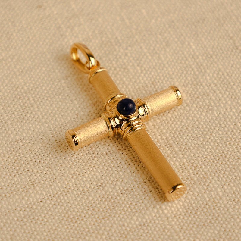 Cruz Escovada em Ouro 19kl com Pedra Azul (4.8cm) - Loja do Ouro