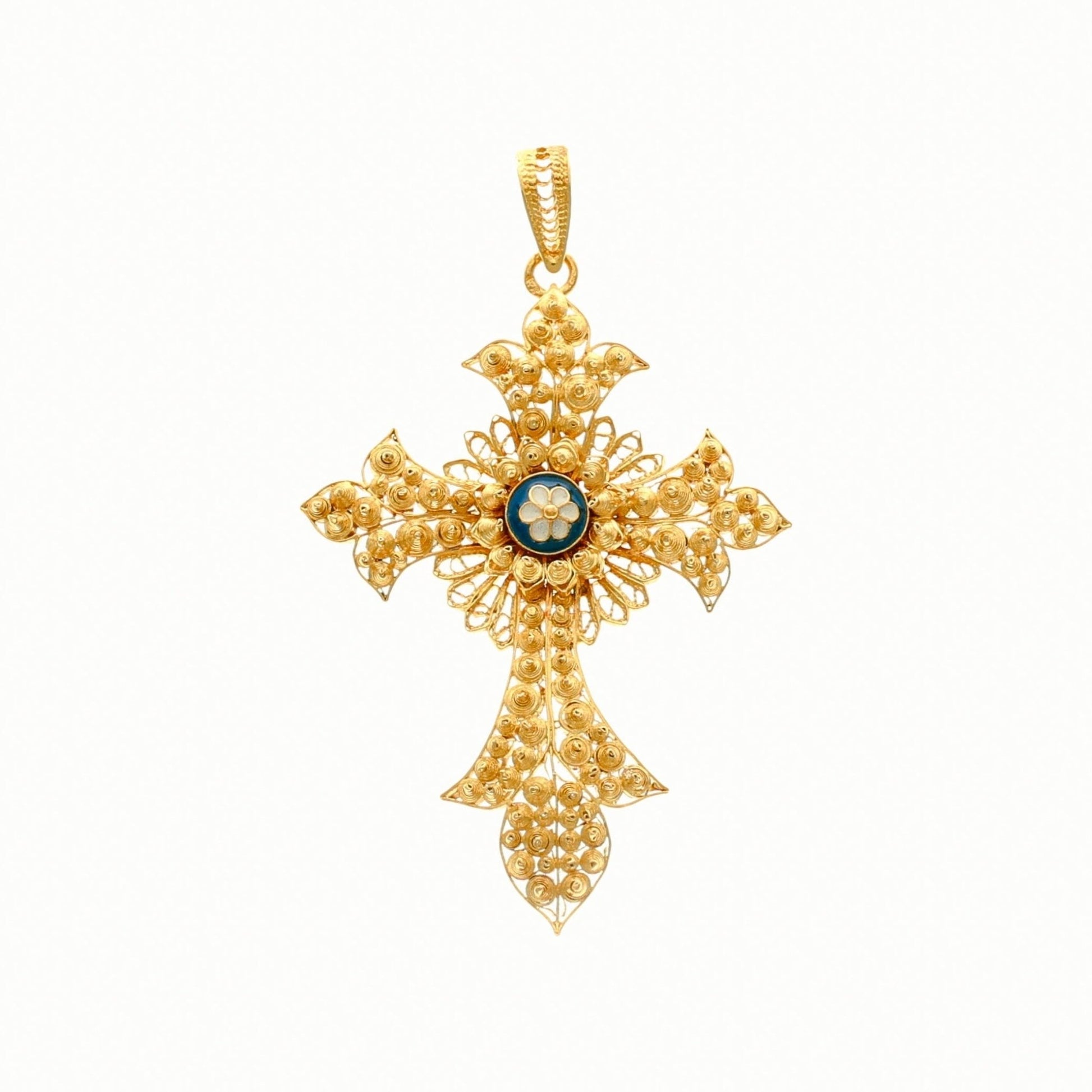 Cruz Filigrana em Ouro 19kL com Centro Esmaltado Azul - Loja do Ouro