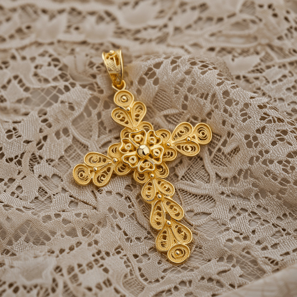 Cruz Renda de Luz em Prata Dourada (5cm) - Loja do Ouro