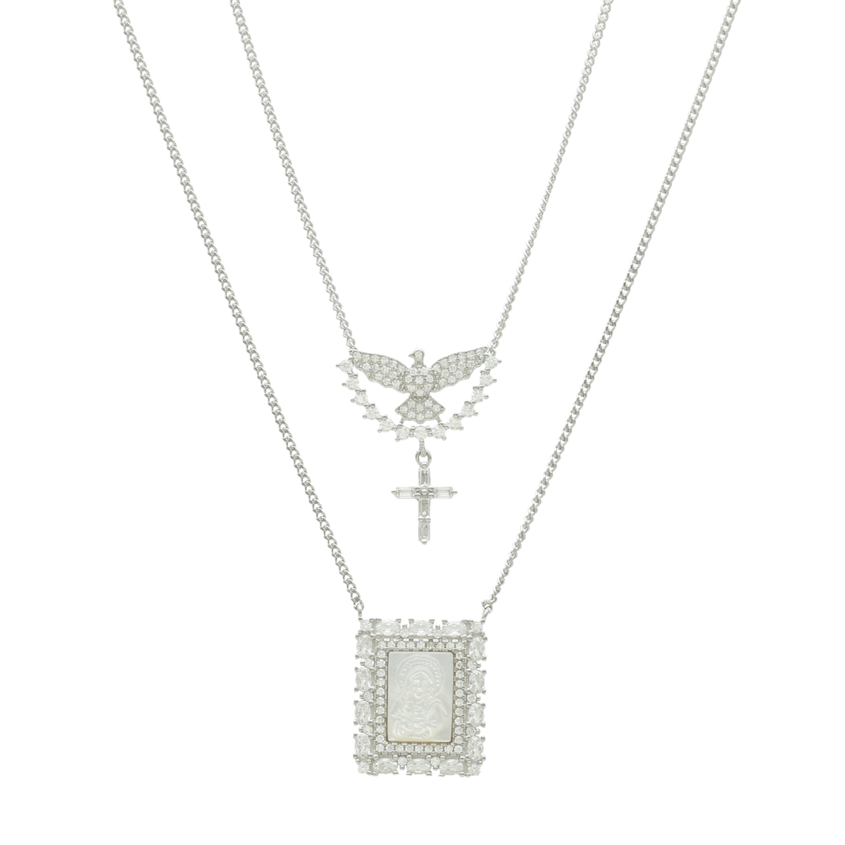 Escapulario de plata con imagen religiosa en nácar con paloma y cruz - Gold Store Premium