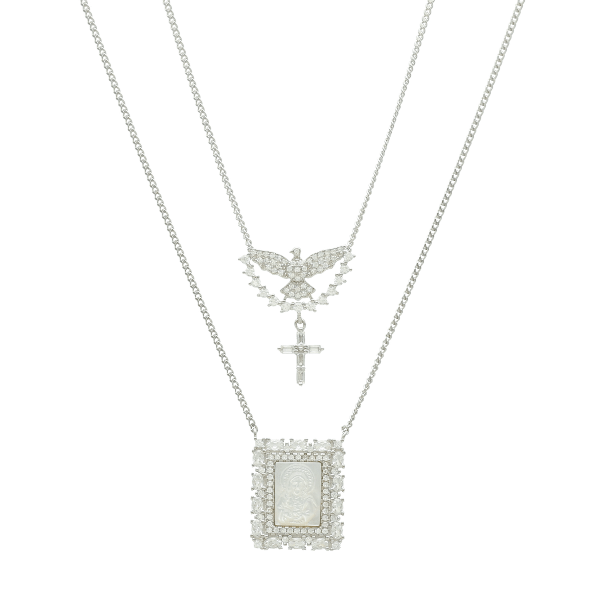 Escapulário em Prata com Imagem Religiosa em Madrepérola com Pomba e Cruz - Loja do Ouro