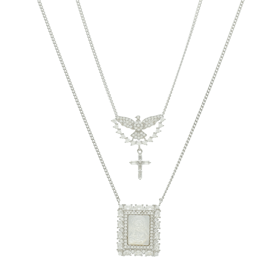 Escapulario de plata con imagen religiosa en nácar con paloma y cruz - Gold Store Premium