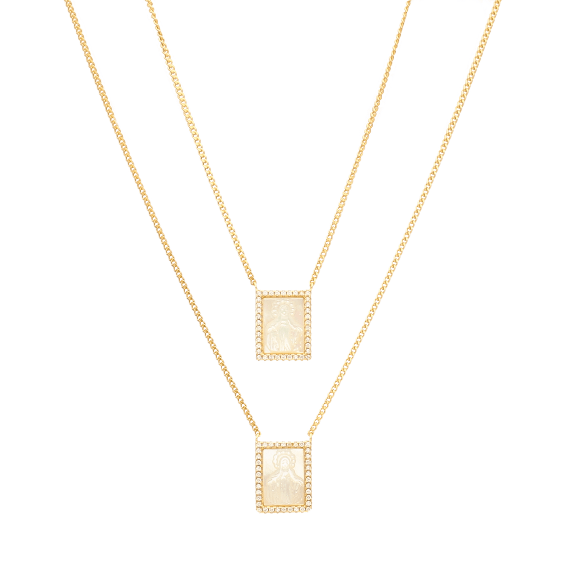 Escapulário em Prata Dourada com Imagem Religiosa em Madrepérola e Zircónias - Loja do Ouro