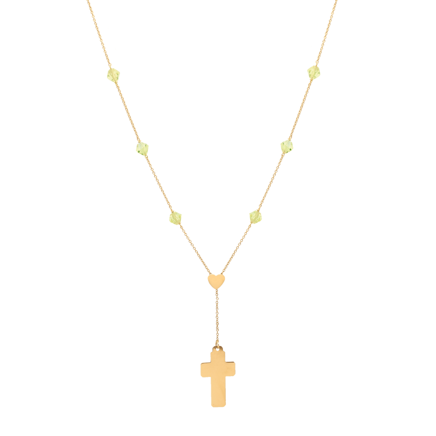 Fio com Cruz, Coração em Ouro 19kl e Pedras Verdes (40cm) - Loja do Ouro