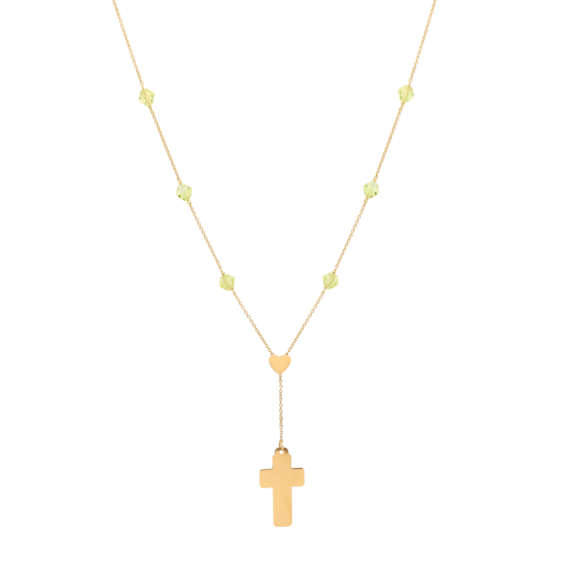 Fio com Cruz, Coração em Ouro 19kl e Pedras Verdes (40cm) - Loja do Ouro