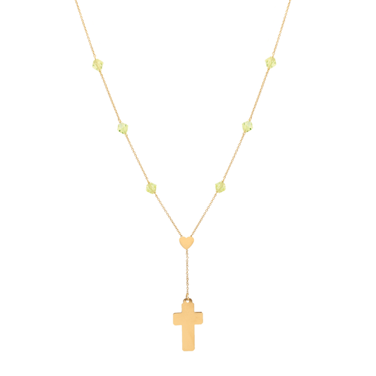 Fio com Cruz, Coração em Ouro 19kl e Pedras Verdes (40cm) - Loja do Ouro