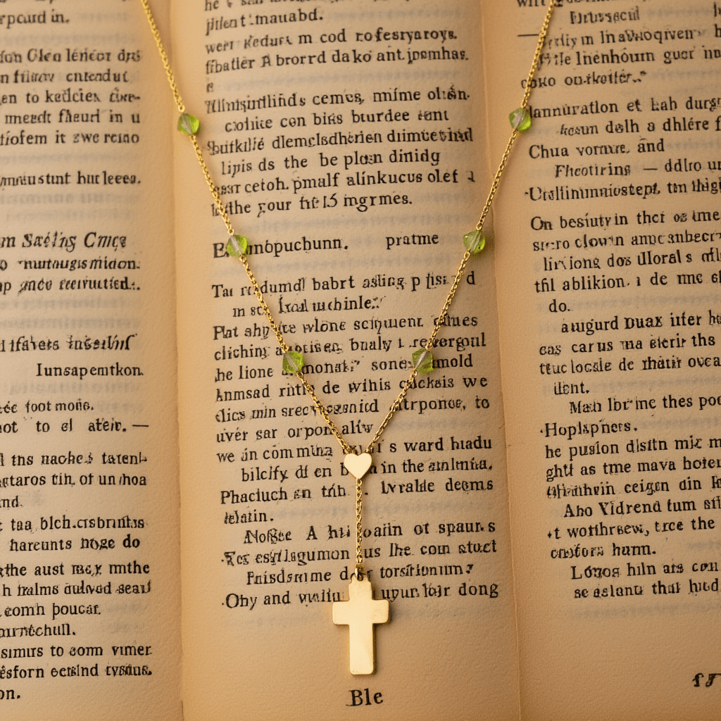 Fio com Cruz, Coração em Ouro 19kl e Pedras Verdes (40cm) - Loja do Ouro