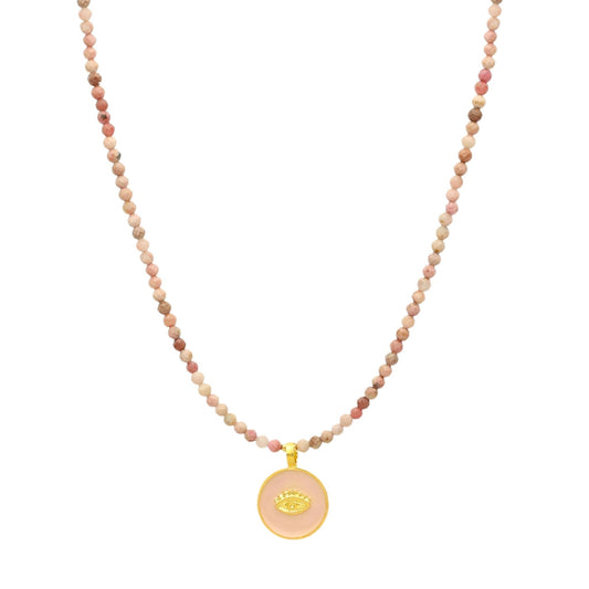 Fio Indie em Prata Dourada com Contas Rosa e Olho Turco (40cm) - Loja do Ouro