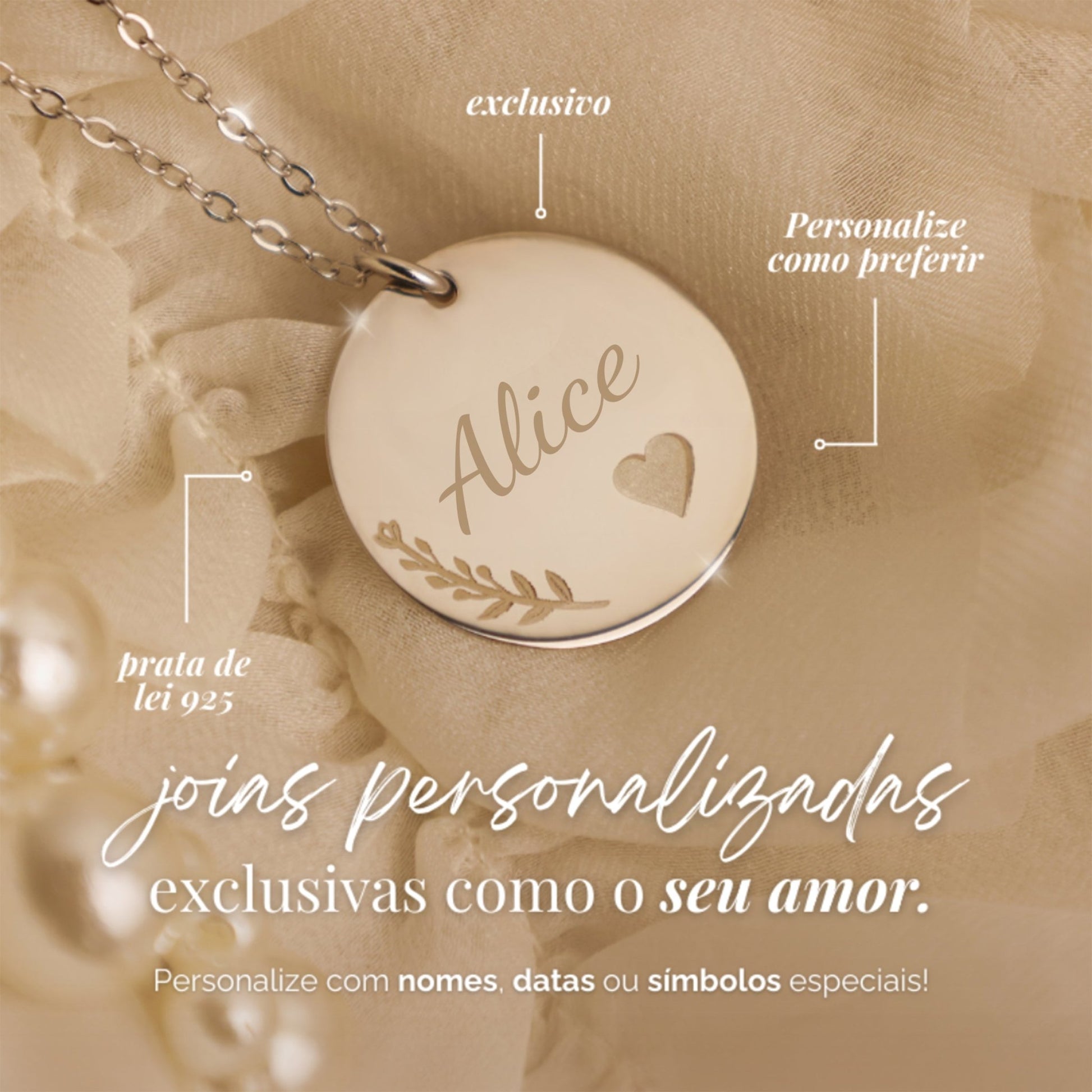 Fio Personalizável em Prata com Nome, Coração e Motivos Florais (40cm) - Loja do Ouro