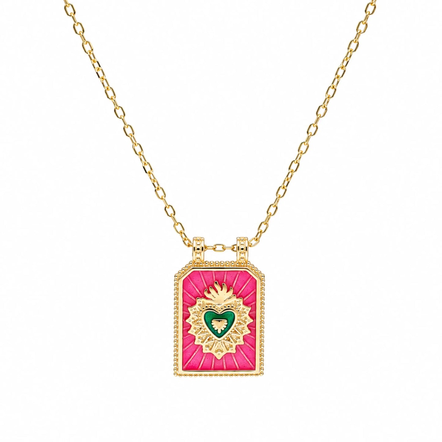 Fio Sacred Heart em Prata Dourada e Esmalte Rosa - Loja do Ouro