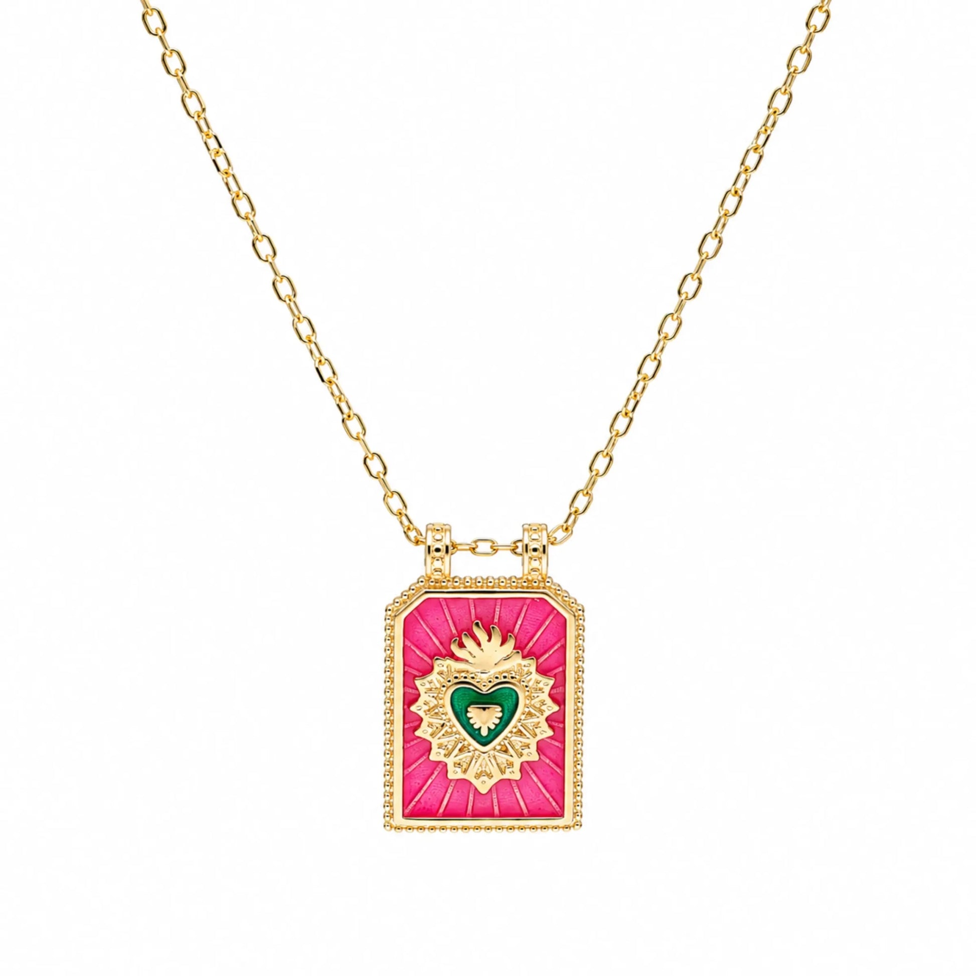 Fio Sacred Heart em Prata Dourada e Esmalte Rosa - Loja do Ouro
