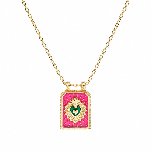 Fio Sacred Heart em Prata Dourada e Esmalte Rosa - Loja do Ouro