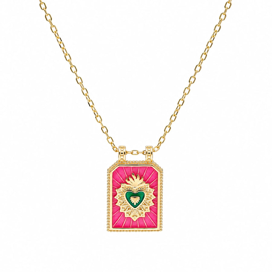 Fio Sacred Heart em Prata Dourada e Esmalte Rosa - Loja do Ouro