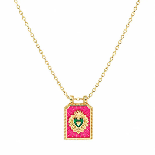 Fio Sacred Heart em Prata Dourada e Esmalte Rosa - Loja do Ouro