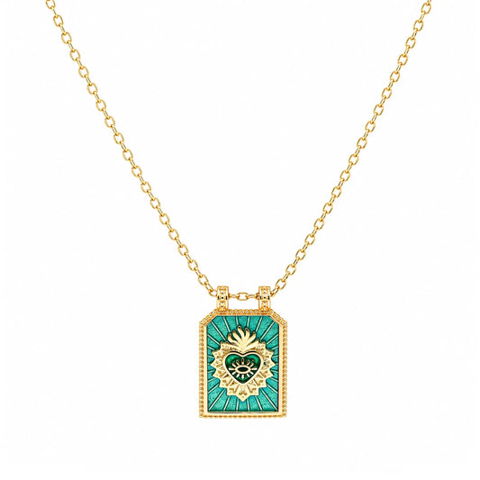 Fio Sacred Heart em Prata Dourada e Esmalte Verde - Loja do Ouro