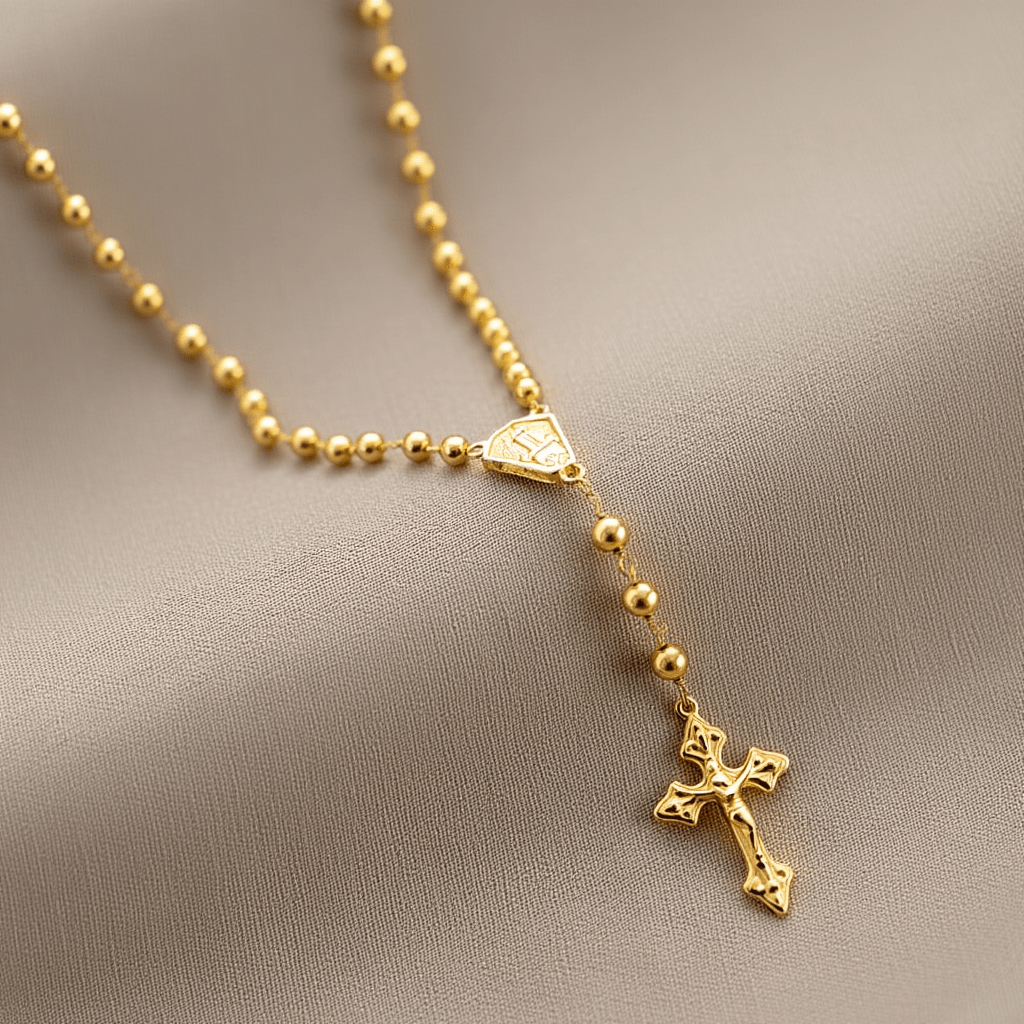 Fio Terço em Ouro 19kl com Nossa Senhora e os Pastorinhos (40cm) - Loja do Ouro