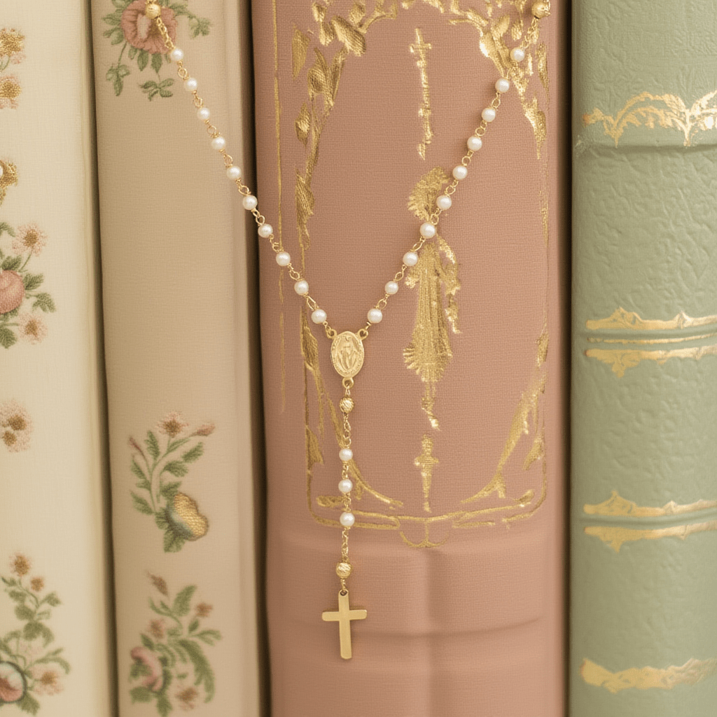 Fio Terço Nossa Senhora das Graças e Pérolas em Prata Dourada (48.5cm) - Loja do Ouro