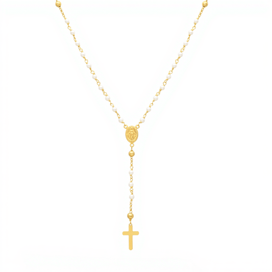Fio Terço Nossa Senhora das Graças e Pérolas em Prata Dourada (48.5cm) - Loja do Ouro