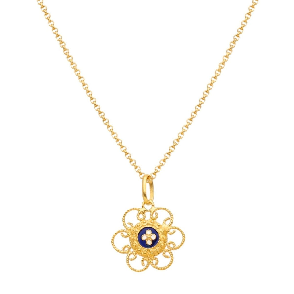 Fio Tradição em Prata dourada com Flor e Caramujos (Azul) - Loja do Ouro