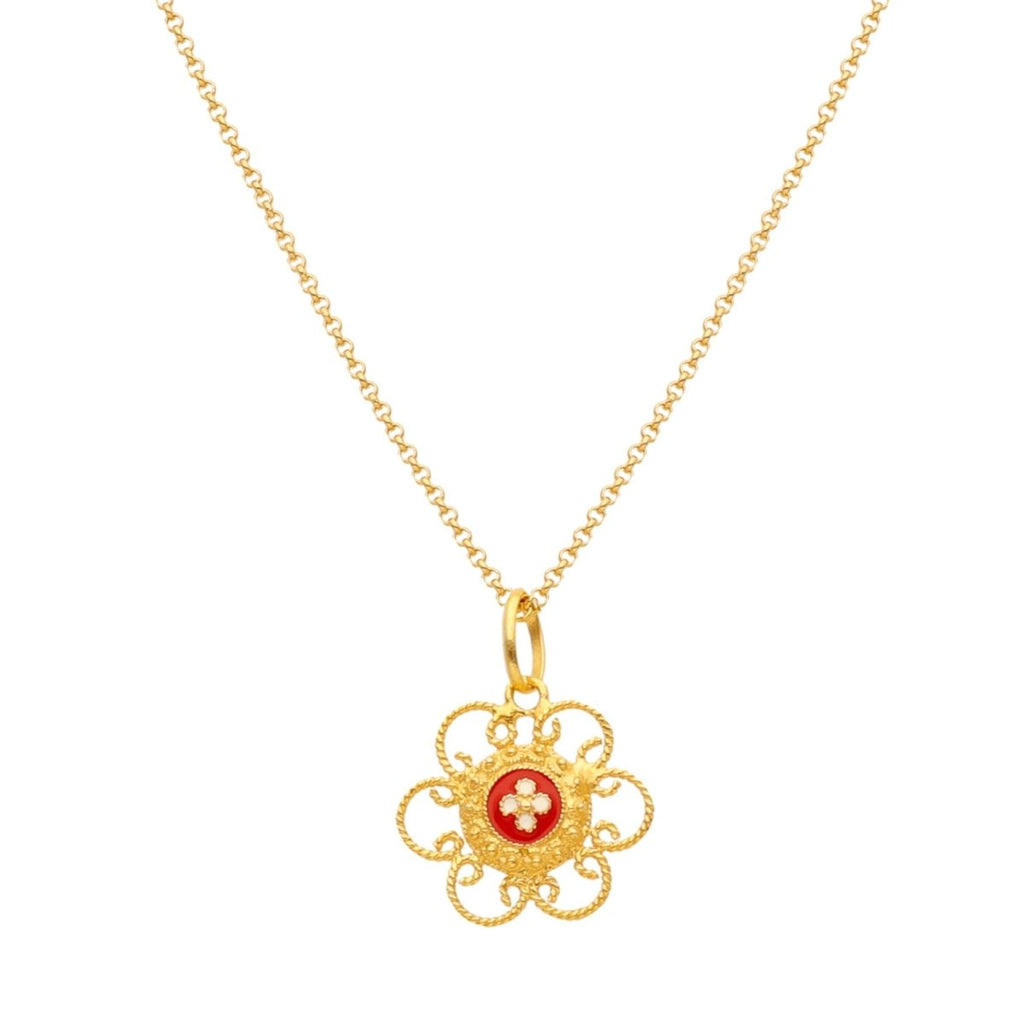 Fio Tradição em Prata dourada com Flor e Caramujos (Vermelho) - Loja do Ouro