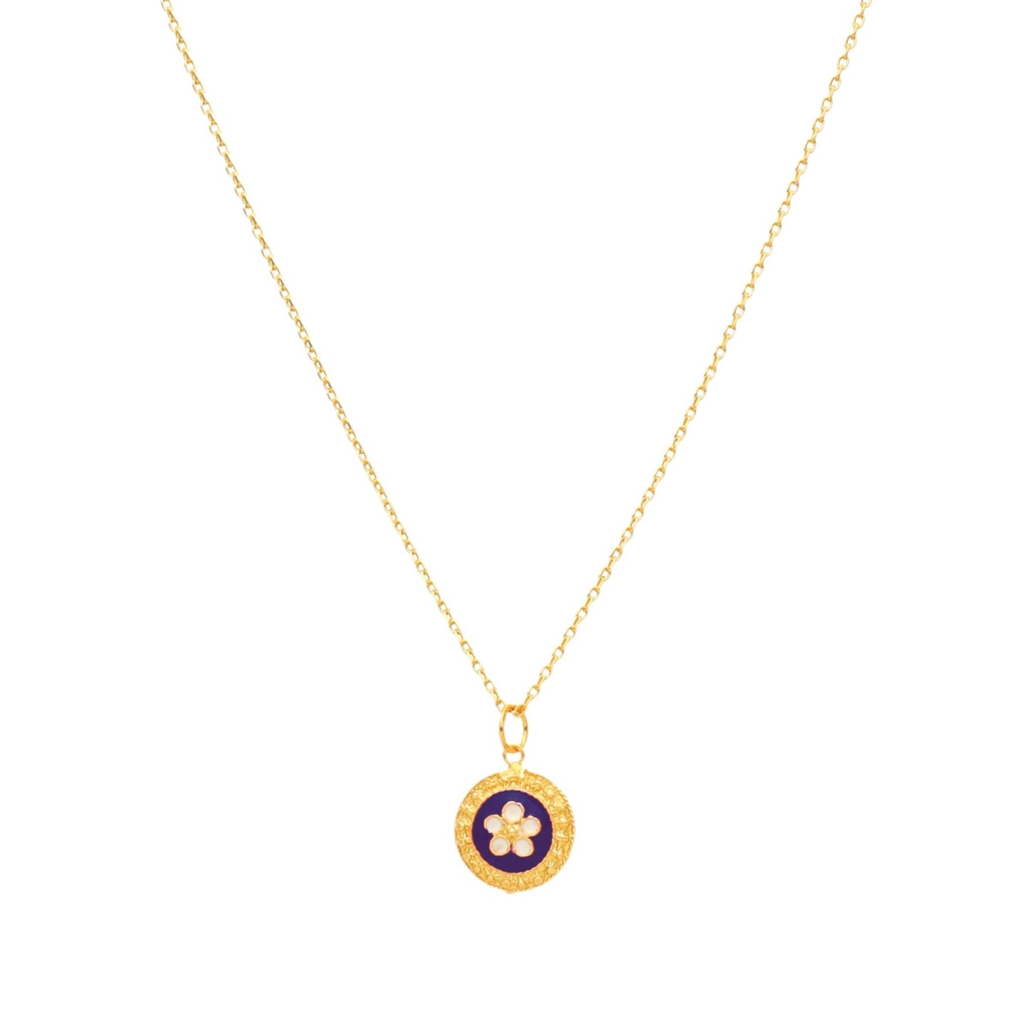 Fio Tradição em Prata dourada com Medalha Caramujos Redonda Azul - Loja do Ouro