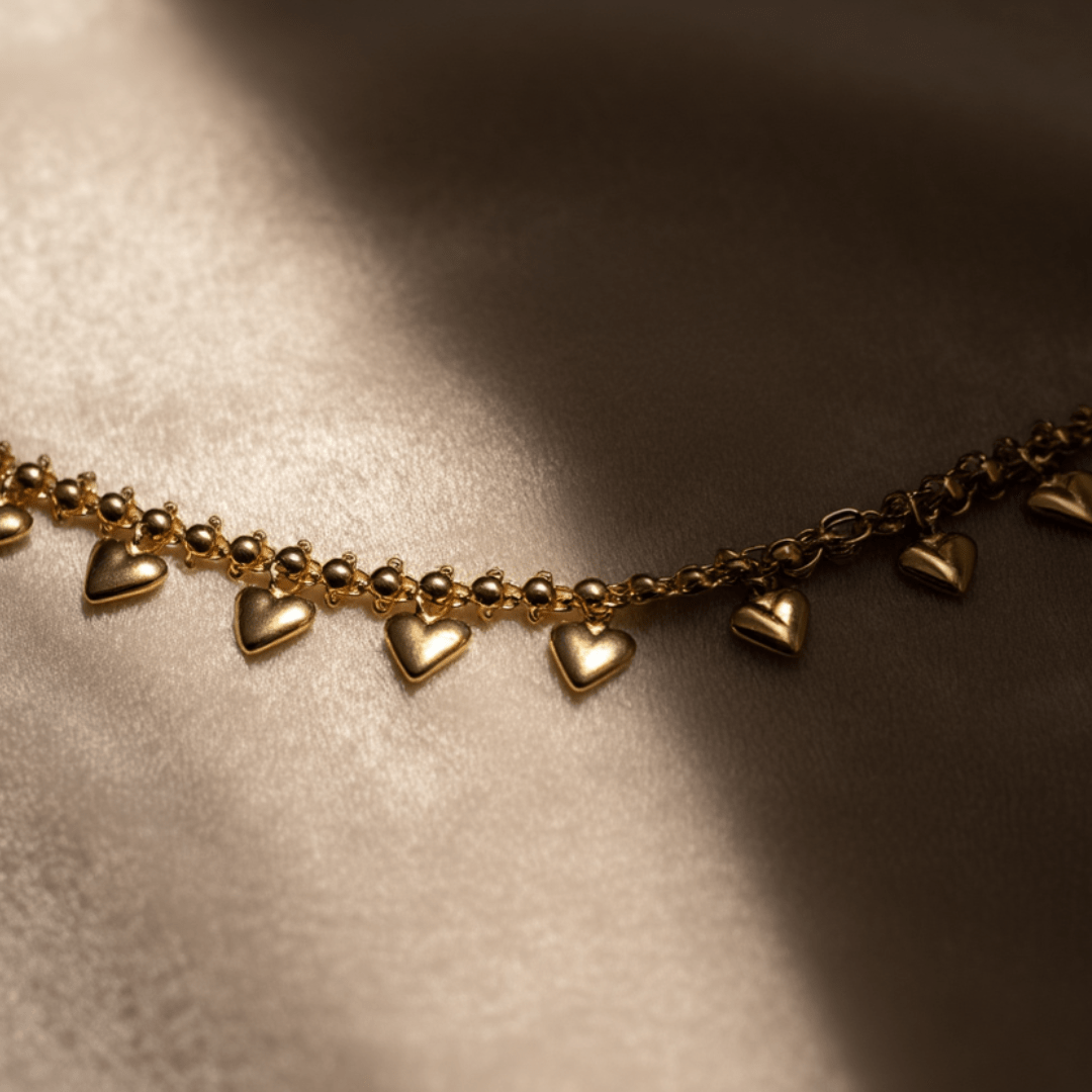 Gargantilla de oro de 19 kl con corazones y granitos (45 cm) - Gold Store Premium