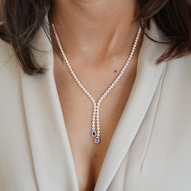 Gargantilha em Ouro 19kl com Zircónias e Lágrima Azul (44cm) - Loja do Ouro