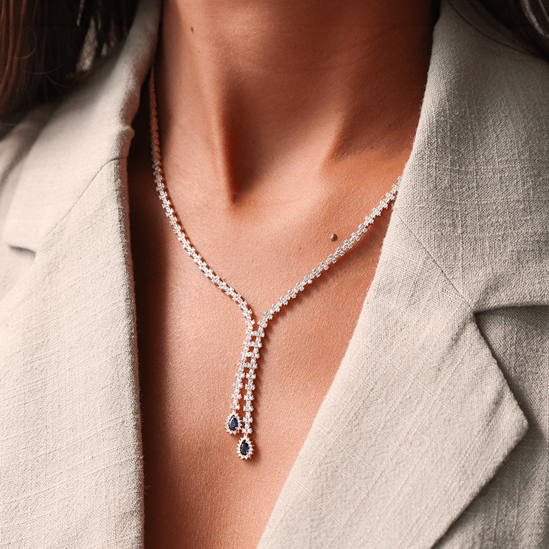 Gargantilha em Ouro 19kl com Zircónias e Lágrima Azul (44cm) - Loja do Ouro