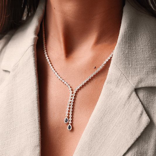 Gargantilha em Ouro 19kl com Zircónias e Lágrima Azul (44cm) - Loja do Ouro