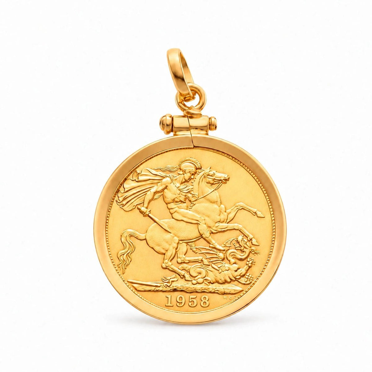 Pormenor da libra da Rainha Isabel II de 1958 e do aro liso em ouro de 19 quilates.