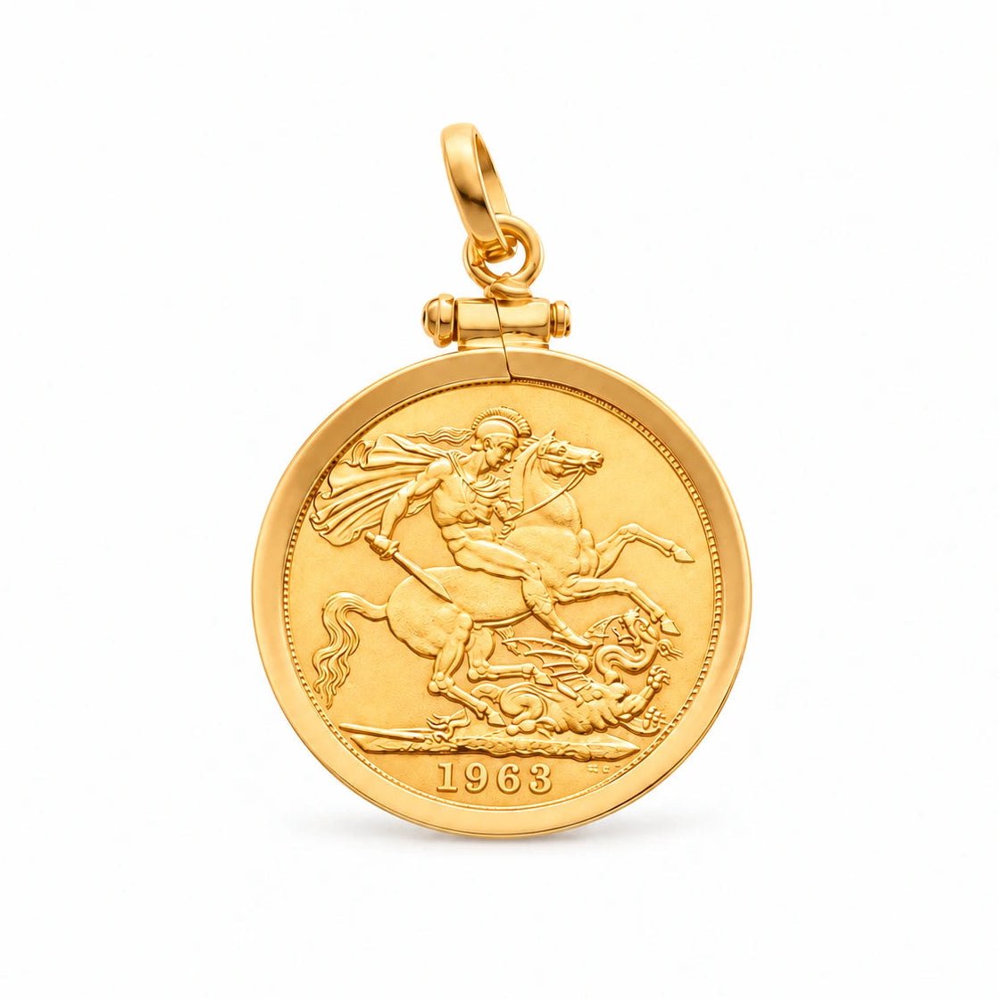 Pormenor da moeda britânica de uma libra de 1963 com aro simples em ouro de 19 quilates.