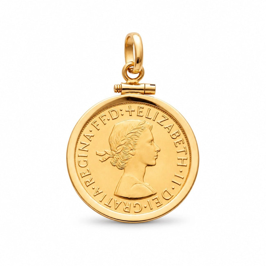 Libra da Rainha Isabel II em ouro de 22 quilates, com aro simples em ouro de 19 quilates.