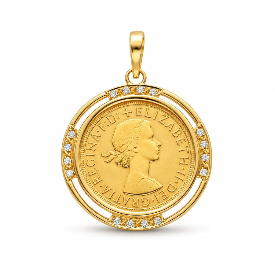 Libra Rainha Isabel II (1966) com Aro Cravejado com Zircónias em Ouro 19kl - Loja do Ouro