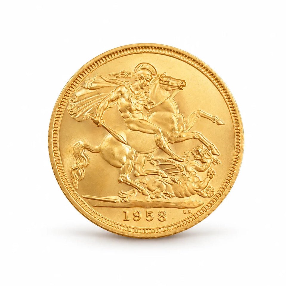 Verso da libra da Rainha Isabel II em ouro 22kl, com São Jorge a cavalo e o dragão.
