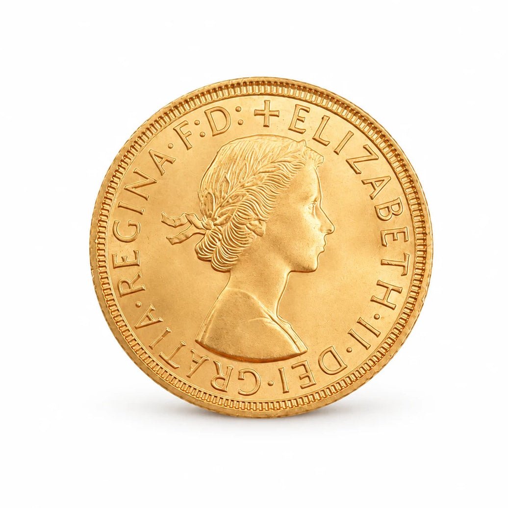 Anverso da libra da Rainha Isabel II em ouro 22kl, com retrato de perfil sobre fundo branco.