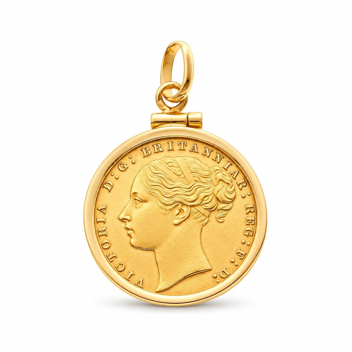 Libra da Rainha Victoria em ouro de 22 quilates com aro simples em ouro de 19 quilates.