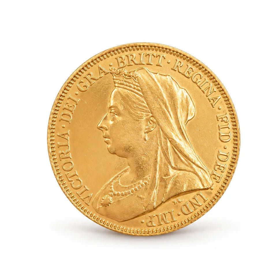 Anverso da libra da Rainha Victoria em ouro 22kl, com retrato de perfil e véu sobre fundo branco.