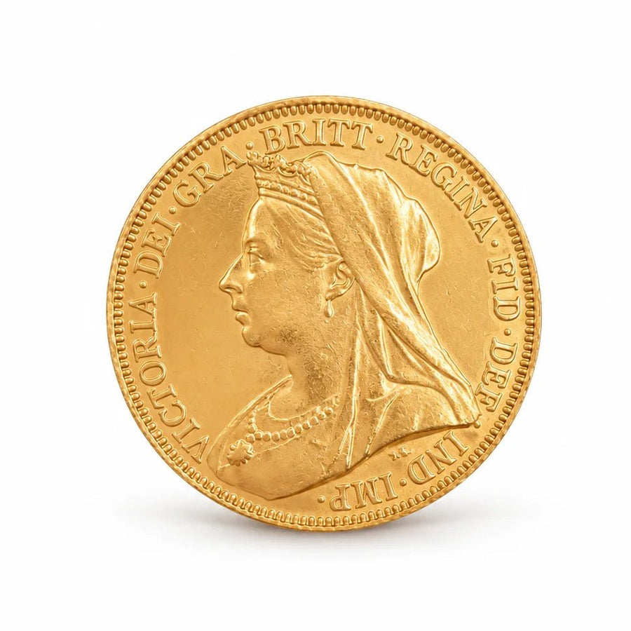 Anverso da libra da Rainha Victoria em ouro 22kl, com retrato de perfil e véu sobre fundo branco.